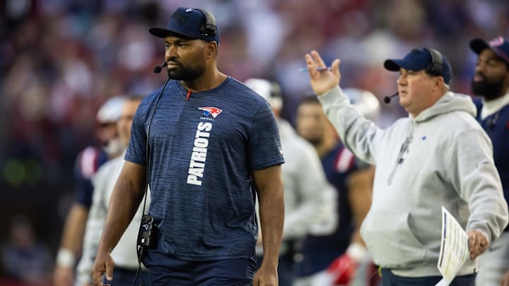 Dec 15, 2024; Glendale, Arizona, USA; New England Patriots head coach Jerod Mayo against the Arizona Cardinals at State Farm Stadium.