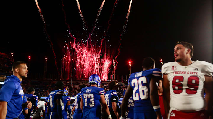 Fireworks go off after the game between Fresno State and Kansas at David Booth Kansas Memorial Stadium on Aug. 23, 2025.