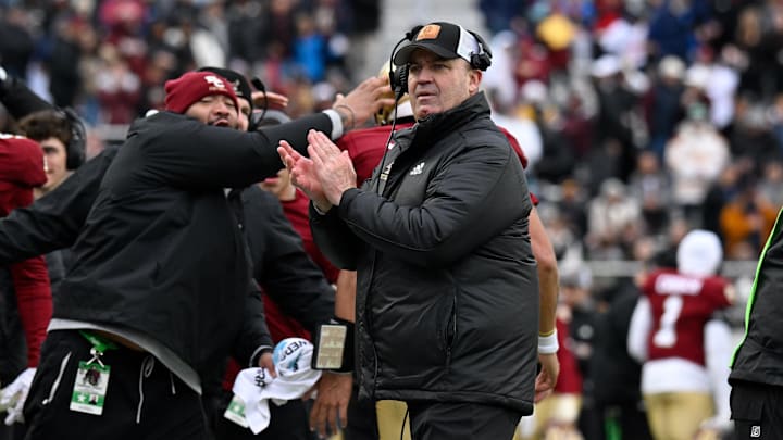Nov 23, 2024; Chestnut Hill, Massachusetts, USA; Boston College Eagles head coach Bill O'Brien reacts to a touchdown against the North Carolina Tar Heels during the first half at Alumni Stadium. Mandatory Credit: Eric Canha-Imagn Images Nov 23, 2024; Chestnut Hill, Massachusetts, USA; Boston College Eagles head coach Bill O'Brien reacts to a touchdown against the North Carolina Tar Heels during the first half at Alumni Stadium. Mandatory Credit: Eric Canha-Imagn Images