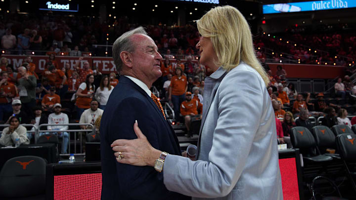 Feb 26, 2026; Austin, Texas, USA; Georgia Bulldogs head coach Katie Abrahamson-Henderson talks to Texas Longhorns head coach Vic Schaefer before the start of the game at Moody Center. Mandatory Credit: Dustin Safranek-Imagn Images Feb 26, 2026; Austin, Texas, USA; Georgia Bulldogs head coach Katie Abrahamson-Henderson talks to Texas Longhorns head coach Vic Schaefer before the start of the game at Moody Center. Mandatory Credit: Dustin Safranek-Imagn Images