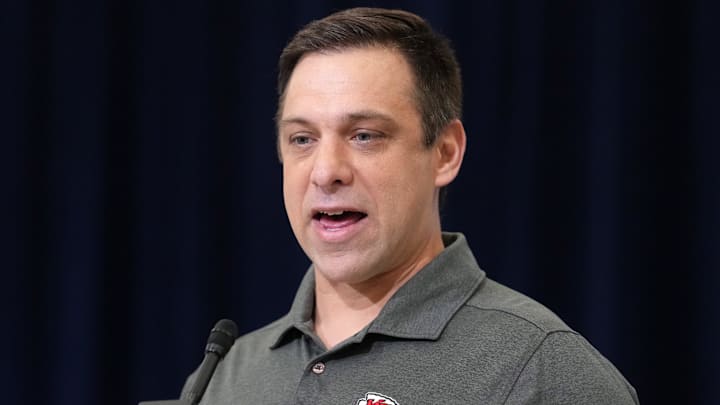 Feb 24, 2026; Indianapolis, IN, USA; Kansas City Chiefs general manager Brett Veach speaks at the NFL Scouting Combine at the Indiana Convention Center. Mandatory Credit: Kirby Lee-Imagn Images