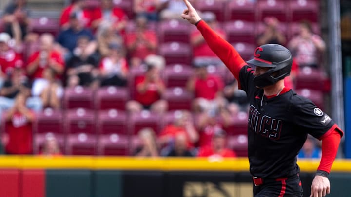 Cincinnati Reds outfielder Austin Hays gestures after hitting a home run in the third inning of the MLB game between Cincinnati Reds and Cleveland Guardians at Great American Ball Park in Cincinnati on Friday, May 16, 2025.
