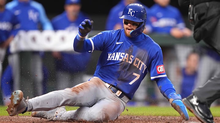 Apr 3, 2024; Baltimore, Maryland, USA; Kansas City Royals shortstop Bobby Witt Jr. (7) slides safely