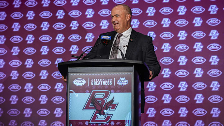 Jul 24, 2024; Charlotte, NC, USA; Boston College Eagles head coach Bill O'Brien talks with the media during the ACC Kickoff at Hilton Charlotte Uptown. Mandatory Credit: Jim Dedmon-Imagn Images Jul 24, 2024; Charlotte, NC, USA; Boston College Eagles head coach Bill O'Brien talks with the media during the ACC Kickoff at Hilton Charlotte Uptown. Mandatory Credit: Jim Dedmon-Imagn Images