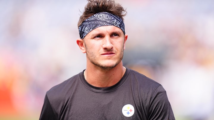 Sep 15, 2024; Denver, Colorado, USA; Pittsburgh Steelers wide receiver Scotty Miller (13) before the game against the Denver Broncos at Empower Field at Mile High. Mandatory Credit: Ron Chenoy-Imagn Images