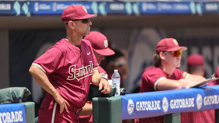 May 25, 2024; Charlotte, NC, USA; Florida State head coach Link Jarrett watches the game against Wake Forest during the ACC Baseball Tournament at Truist Field. Mandatory Credit: Cory Knowlton-Imagn Images