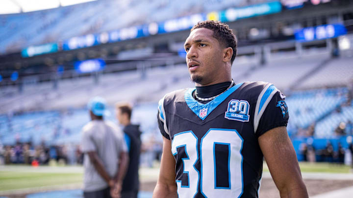 Nov 3, 2024; Charlotte, North Carolina, USA; Carolina Panthers running back Chuba Hubbard (30) before a game against the New Orleans Saints at Bank of America Stadium. Mandatory Credit: Scott Kinser-Imagn Images Nov 3, 2024; Charlotte, North Carolina, USA; Carolina Panthers running back Chuba Hubbard (30) before a game against the New Orleans Saints at Bank of America Stadium. Mandatory Credit: Scott Kinser-Imagn Images