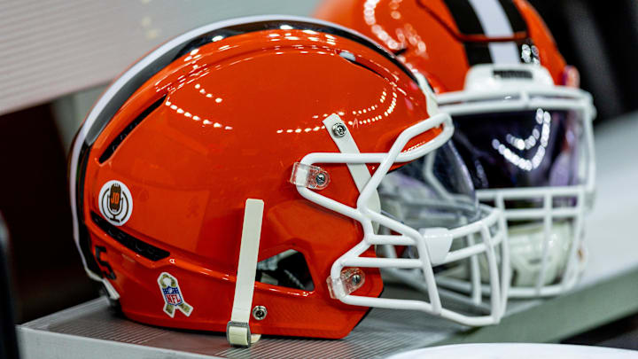 Nov 17, 2024; New Orleans, Louisiana, USA;  Detailed view of the Cleveland Browns helmets on a time out against the New Orleans Saints during the first half at Caesars Superdome. Mandatory Credit: Stephen Lew-Imagn Images