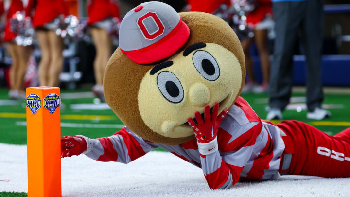 Dec 29, 2023; Arlington, TX, USA; Ohio State Buckeyes mascot Brutus during the game against the Missouri Tigers at AT&T Stadium. Mandatory Credit: Kevin Jairaj-USA TODAY Sports Dec 29, 2023; Arlington, TX, USA; Ohio State Buckeyes mascot Brutus during the game against the Missouri Tigers at AT&T Stadium. Mandatory Credit: Kevin Jairaj-USA TODAY Sports