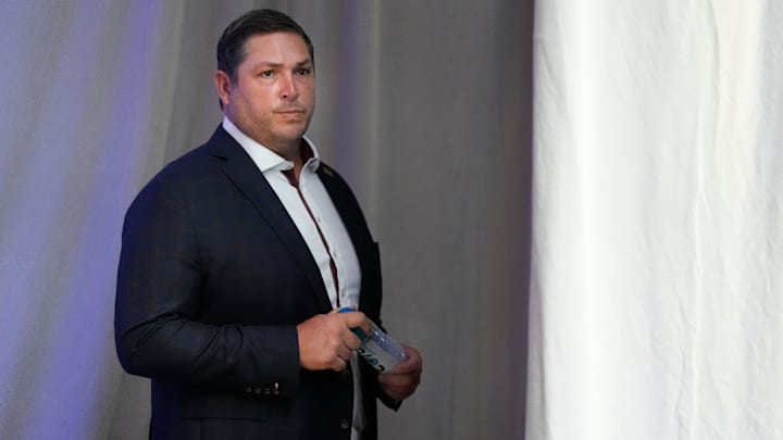 Mississippi State head coach Jeff Lebby waits off stage to be introduced during SEC Media Days at the College Football Hall of Fame in Atlanta.