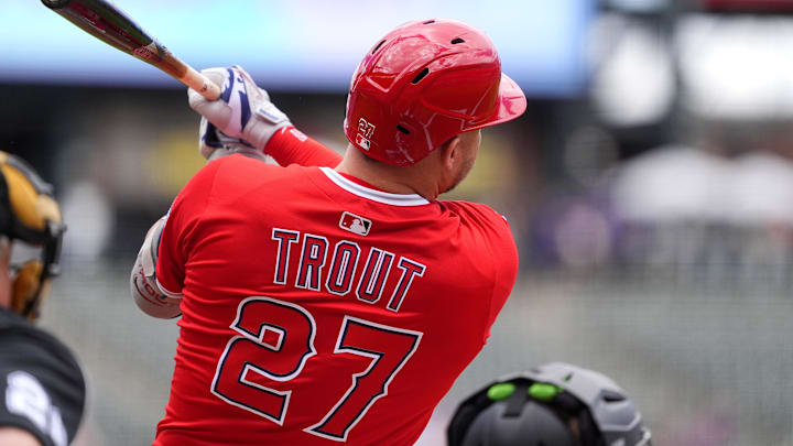 Sep 21, 2025; Denver, Colorado, USA; Los Angeles Angels designated hitter Mike Trout (27) double in the first inning against the Colorado Rockies at Coors Field. Mandatory Credit: Ron Chenoy-Imagn Images Sep 21, 2025; Denver, Colorado, USA; Los Angeles Angels designated hitter Mike Trout (27) double in the first inning against the Colorado Rockies at Coors Field. Mandatory Credit: Ron Chenoy-Imagn Images