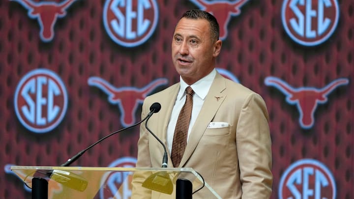 July 15, 2025; Atlanta, GA, USA; Texas head coach Steve Sarkisian speaks during SEC Media Days at the College Football Hall of Fame in Atlanta.