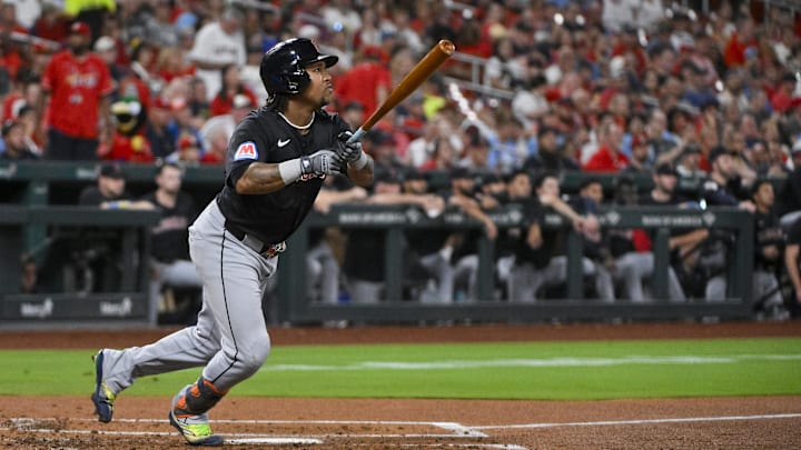 Sep 20, 2024; St. Louis, Missouri, USA; Cleveland Guardians third baseman Jose Ramirez (11) hits a one run single against the St. Louis Cardinals during the third inning at Busch Stadium. at Busch Stadium. Mandatory Credit: Jeff Curry-Imagn Images