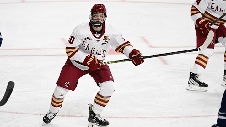 Feb 28, 2025; Chestnut Hill, MA, USA; Boston College forward James Hagens (10) skates against the University of New Hampshire Wildcats during the second period at Conte Forum. Mandatory Credit: Eric Canha-Imagn Images