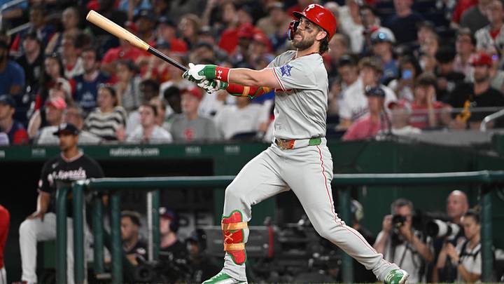 Jun 25, 2026; Washington, District of Columbia, USA; Philadelphia Phillies first baseman Bryce Harper (3) hits a two run home run against the Washington Nationals during the ninth inning at Nationals Park.