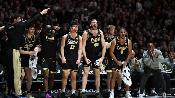 The Purdue Boilermakers bench reacts to a call.