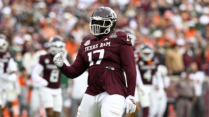 Texas A&M Aggies defensive tackle Albert Regis celebrates during the game between the Aggies and the Miami Hurricanes at Kyle Field.