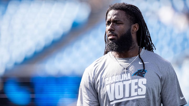Nov 3, 2024; Charlotte, North Carolina, USA; Carolina Panthers tight end Ian Thomas (80) during pre game warm ups against the New Orleans Saints at Bank of America Stadium. Mandatory Credit: Scott Kinser-Imagn Images