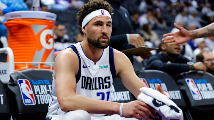 Dallas Mavericks guard Klay Thompson (31) sits on the bench during the fourth quarter against the Sacramento Kings at Golden 1 Center.