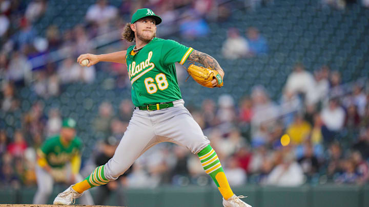 Sep 27, 2023; Minneapolis, Minnesota, USA; Oakland Athletics starting pitcher Joey Estes (68)