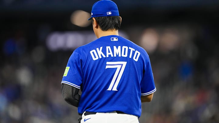 Apr 26, 2026; Toronto, Ontario, CAN; View of the back of Toronto Blue Jays third baseman Kazuma Okamoto's (7) jersey at a MLB game against the Cleveland Guardians at Rogers Centre. 