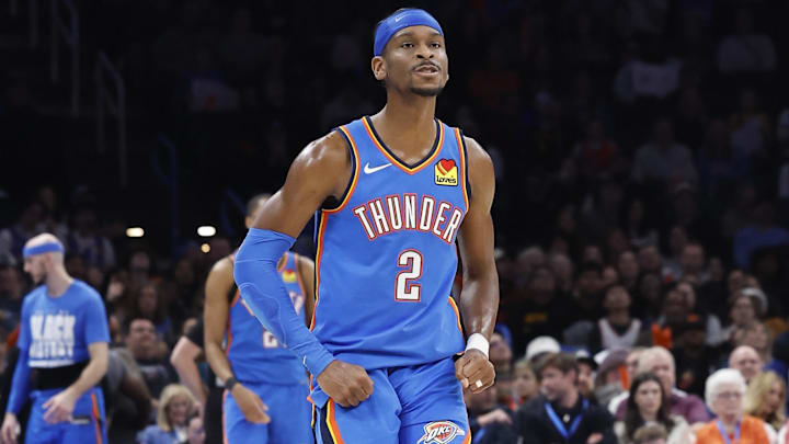 Feb 10, 2025; Oklahoma City, Oklahoma, USA; Oklahoma City Thunder guard Shai Gilgeous-Alexander (2) reacts after a play against the New Orleans Pelicans during the second half at Paycom Center. Mandatory Credit: Alonzo Adams-Imagn Images Feb 10, 2025; Oklahoma City, Oklahoma, USA; Oklahoma City Thunder guard Shai Gilgeous-Alexander (2) reacts after a play against the New Orleans Pelicans during the second half at Paycom Center. Mandatory Credit: Alonzo Adams-Imagn Images