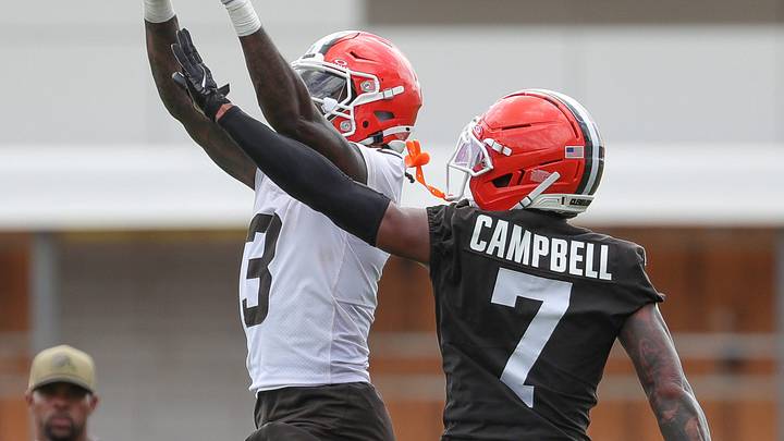 Cleveland Browns wide receiver Jerry Jeudy, left, catches a touchdown pass over cornerback Tyson Campbell during the second day of the team’s mandatory minicamp at CrossCountry Mortgage Campus, June 10, 2026, in Berea, Ohio. Cleveland Browns wide receiver Jerry Jeudy, left, catches a touchdown pass over cornerback Tyson Campbell during the second day of the team’s mandatory minicamp at CrossCountry Mortgage Campus, June 10, 2026, in Berea, Ohio.
