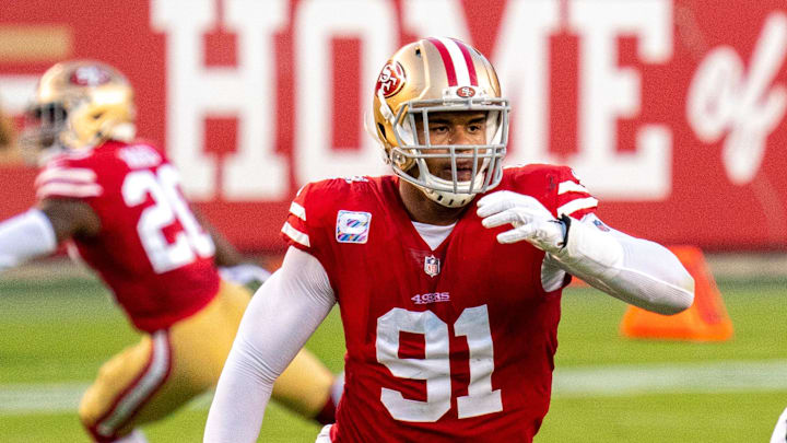 October 4, 2020; Santa Clara, California, USA; San Francisco 49ers defensive end Arik Armstead (91)