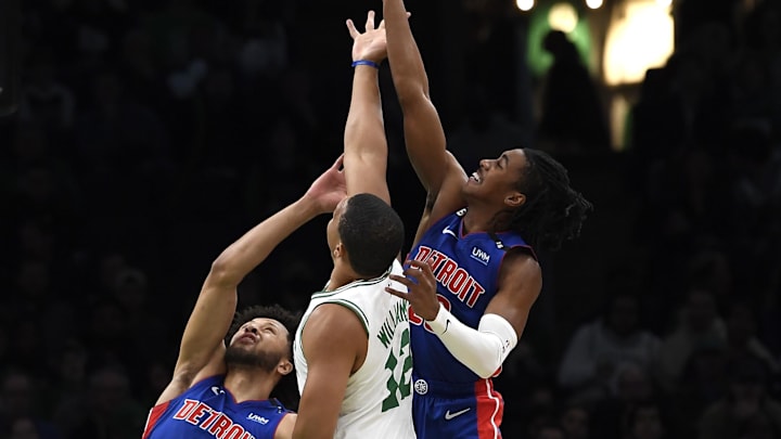 Nov 9, 2022; Boston, Massachusetts, USA; Detroit Pistons guard Jaden Ivey (23) Boston Celtics