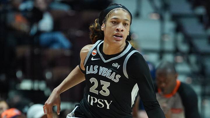 May 13, 2026; Uncasville, Connecticut, USA; Las Vegas Aces guard Chennedy Carter (23) drives the ball up court against the Connecticut Sun in the second half at Mohegan Sun Arena. Mandatory Credit: David Butler II-Imagn Images