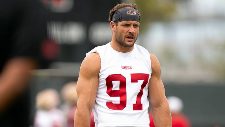 Jul 24, 2025; Santa Clara, CA, USA; San Francisco 49ers defensive end Nick Bosa (97) awaits his turn during pass rushing drills during the second day of training camp. Mandatory Credit: D. Ross Cameron-Imagn Images Jul 24, 2025; Santa Clara, CA, USA; San Francisco 49ers defensive end Nick Bosa (97) awaits his turn during pass rushing drills during the second day of training camp. Mandatory Credit: D. Ross Cameron-Imagn Images