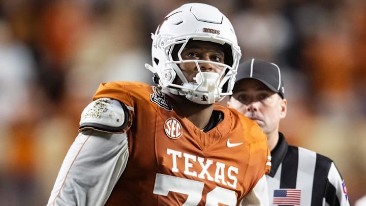 Dec 21, 2024; Austin, Texas, USA; Texas Longhorns offensive lineman Kelvin Banks Jr. (78) against the Clemson Tigers during the CFP National playoff first round at Darrell K Royal-Texas Memorial Stadium. Mandatory Credit: Mark J. Rebilas-Imagn Images Dec 21, 2024; Austin, Texas, USA; Texas Longhorns offensive lineman Kelvin Banks Jr. (78) against the Clemson Tigers during the CFP National playoff first round at Darrell K Royal-Texas Memorial Stadium. Mandatory Credit: Mark J. Rebilas-Imagn Images