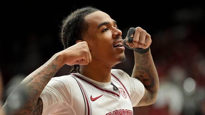 Mar 7, 2026; Tuscaloosa, AL, USA; Alabama guard Labaron Philon Jr. (0) flexes during a time out of the game with Auburn at Coleman Coliseum. Alabama defeated Auburn 96-84. Mandatory Credit: Gary Cosby Jr.-Tuscaloosa News