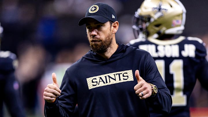 Sep 8, 2024; New Orleans, Louisiana, USA; New Orleans Saints offensive coordinator Klint Kubiak reacts against the Carolina Panthers during the pregame at Caesars Superdome. Mandatory Credit: Stephen Lew-Imagn Images Sep 8, 2024; New Orleans, Louisiana, USA; New Orleans Saints offensive coordinator Klint Kubiak reacts against the Carolina Panthers during the pregame at Caesars Superdome. Mandatory Credit: Stephen Lew-Imagn Images