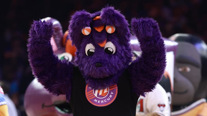 Jan 4, 2026; Phoenix, Arizona, USA; Phoenix Mercury mascot Scorch at Mortgage Matchup Center. Mandatory Credit: Mark J. Rebilas-Imagn Images