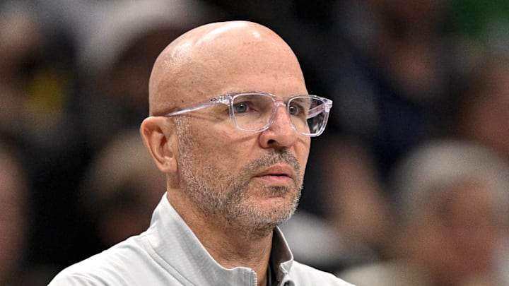 Apr 9, 2025; Dallas, Texas, USA; Dallas Mavericks head coach Jason Kidd during the game between the Dallas Mavericks and the Los Angeles Lakers at American Airlines Center. Mandatory Credit: Jerome Miron-Imagn Images