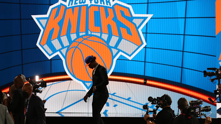 Jul 29, 2021; Brooklyn, New York, USA; Keon Johnson (Tennessee) walks off the stage after being selected as the number twenty-one overall pick by the New York Knicks in the first round of the 2021 NBA Draft at Barclays Center. Mandatory Credit: Brad Penner-USA TODAY Sports