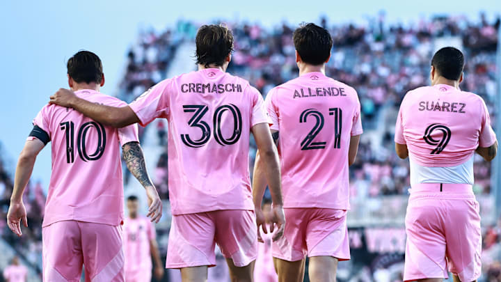 Inter Miami CF players Lionel Messi, Benjamin Cremaschi, Tadeo Allende and Luis Suarez after the Herons' 5-1 home win May 31 against Columbus Crew.