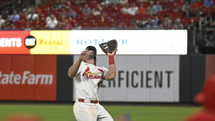 Sep 6, 2024; St. Louis, Missouri, USA; St. Louis Cardinals first baseman Paul Goldschmidt (46) catches a foul ball by the Seattle Mariners in the ninth inning at Busch Stadium. Mandatory Credit: Joe Puetz-Imagn Images Sep 6, 2024; St. Louis, Missouri, USA; St. Louis Cardinals first baseman Paul Goldschmidt (46) catches a foul ball by the Seattle Mariners in the ninth inning at Busch Stadium. Mandatory Credit: Joe Puetz-Imagn Images