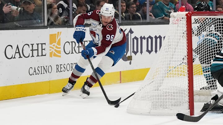 Dec 19, 2024; San Jose, California, USA;  Colorado Avalanche right wing Mikko Rantanen (96) skates around the back of the net against the San Jose Sharks in the first period at SAP Center at San Jose. Mandatory Credit: David Gonzales-Imagn Images