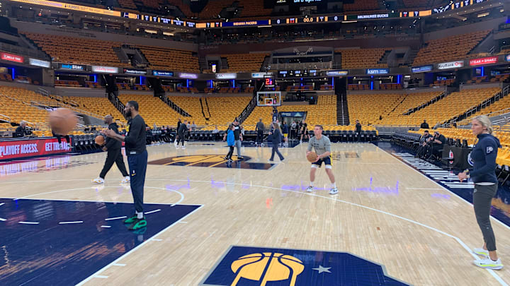 Indiana Pacers guard T.J. McConnell warms up before the third playoff game of their 2024 first-round series with the Milwaukee Bucks. (Mandatory Photo Credit: AllPacers)