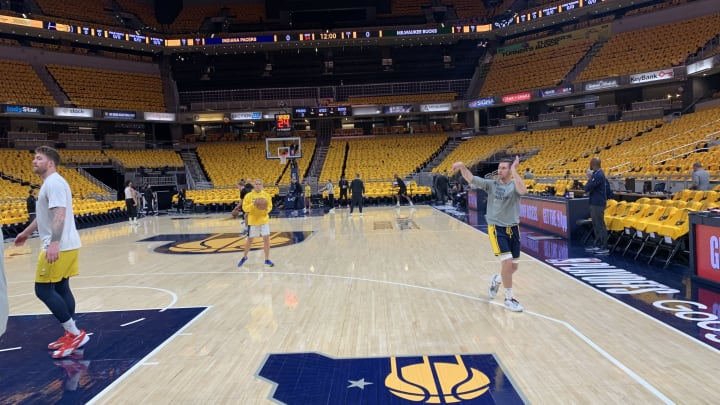 Indiana Pacers guard T.J. McConnell warms up before the Pacers host the Milwaukee Bucks for Game 6 of their first-round series on May 2, 2024. (Mandatory Photo Credit: AllPacers)