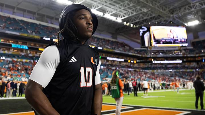Jan 19, 2026; Miami Gardens, FL, USA; Miami Hurricanes wide receiver Malachi Toney (10) against the Indiana Hoosiers during the College Football Playoff National Championship game at Hard Rock Stadium. Mandatory Credit: Mark J. Rebilas-Imagn Images