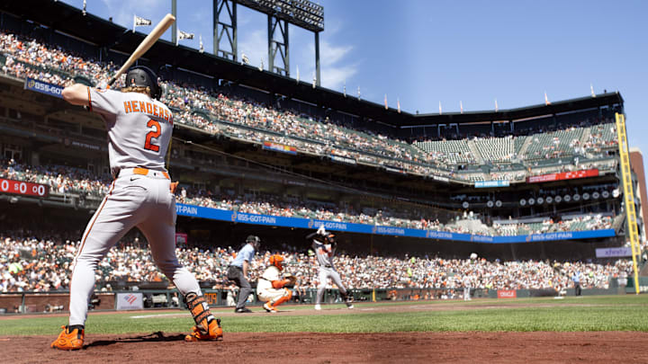 Aug 31, 2025; San Francisco, California, USA; Baltimore Orioles designated hitter Gunnar Henderson (2) stands in the on deck circle during the third inning against the San Francisco Giants at Oracle Park. Mandatory Credit: D. Ross Cameron-Imagn Images Aug 31, 2025; San Francisco, California, USA; Baltimore Orioles designated hitter Gunnar Henderson (2) stands in the on deck circle during the third inning against the San Francisco Giants at Oracle Park. Mandatory Credit: D. Ross Cameron-Imagn Images