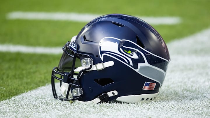 Dec 8, 2024; Glendale, Arizona, USA; Detailed view of a Seattle Seahawks helmet at State Farm Stadium. Mandatory Credit: Mark J. Rebilas-Imagn Images Dec 8, 2024; Glendale, Arizona, USA; Detailed view of a Seattle Seahawks helmet at State Farm Stadium. Mandatory Credit: Mark J. Rebilas-Imagn Images