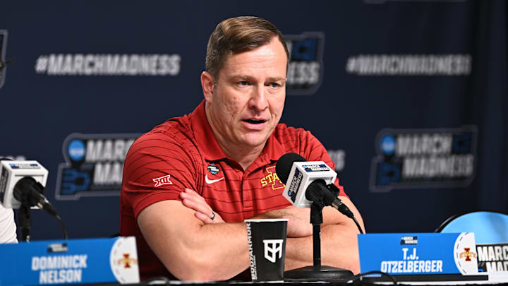 Mar 20, 2026; St. Louis, MO, USA; Iowa State Cyclones head coach T.J. Otzelberger addresses the media after a first round game of the men's 2026 NCAA Tournament against the Tennessee State Tigers at Enterprise Center. 