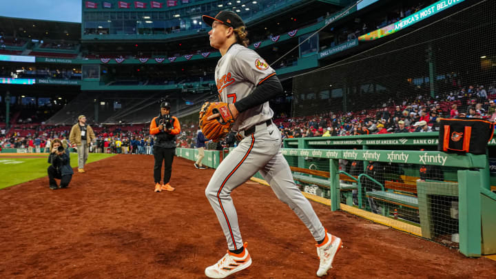 Apr 10, 2024; Boston, Massachusetts, USA; Baltimore Orioles shortstop Jackson Holliday (7) runs onto