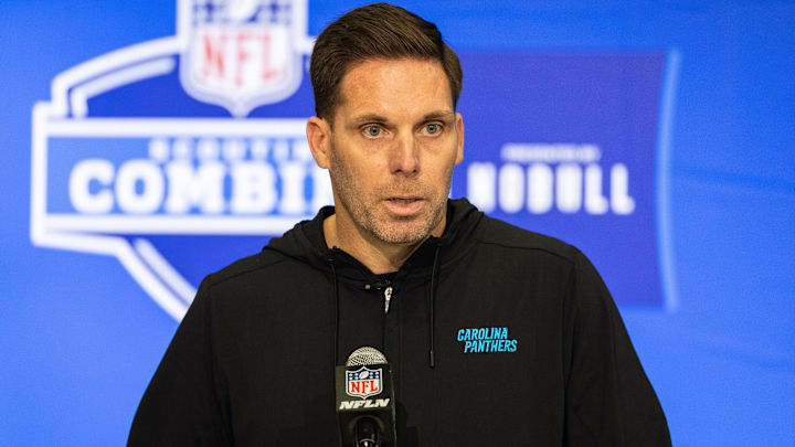 Feb 27, 2024; Indianapolis, IN, USA; Carolina Panthers President of Football Operations/General Manager Dan Morgan talks to the media at the 2024 NFL Combine at Indiana Convention Center. Mandatory Credit: Trevor Ruszkowski-Imagn Images Feb 27, 2024; Indianapolis, IN, USA; Carolina Panthers President of Football Operations/General Manager Dan Morgan talks to the media at the 2024 NFL Combine at Indiana Convention Center. Mandatory Credit: Trevor Ruszkowski-Imagn Images