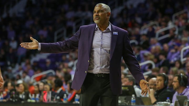 Jan 29, 2025; Manhattan, Kansas, USA; Kansas State Wildcats head coach Jerome Tang questions a call by the officials during the first half against the Oklahoma State Cowboys at Bramlage Coliseum. Mandatory Credit: Scott Sewell-Imagn Images