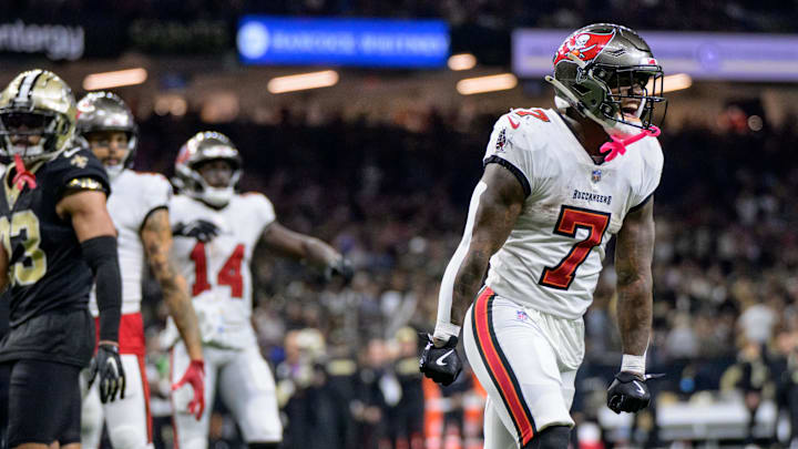 Tampa Bay Buccaneers running back Bucky Irving (7) celebrates.